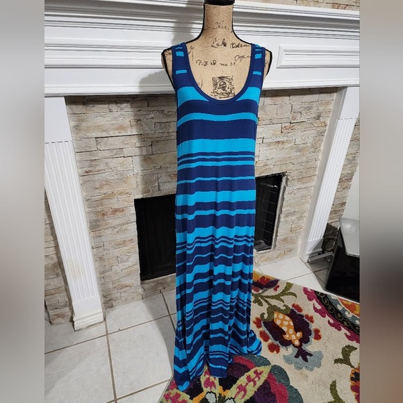 Calvin Klein blue and turquoise striped‎ super soft beachy maxi dress size 14 - Picture 1 of 5